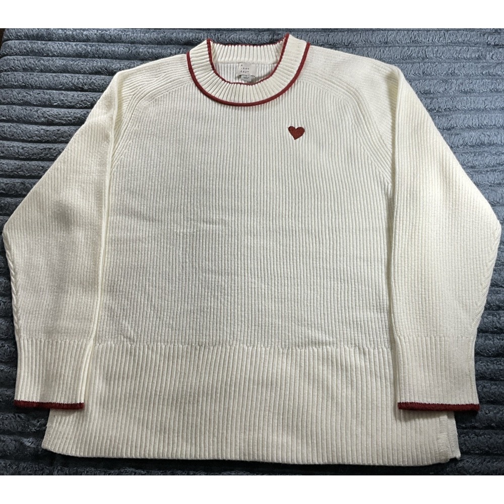 A New Day Long Sleeve Cream/Red Sweater Ribbed Knit Heart/Love Valentine Large